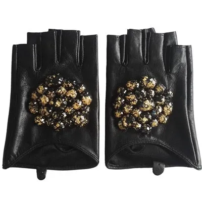 Women's Fashion Black Stone Goatskin Genuine Leather Fingerless Gloves