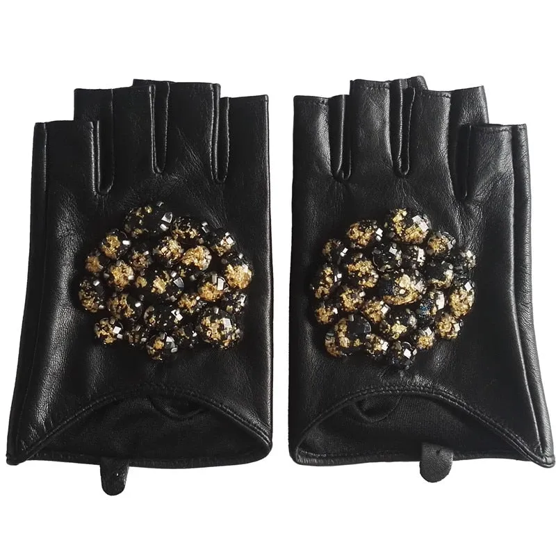 Women's Fashion Black Stone Goatskin Genuine Leather Fingerless Gloves