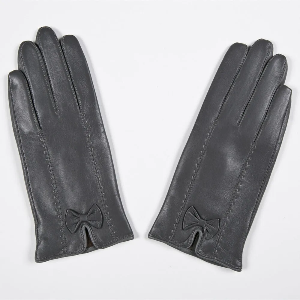 Women's Fashion Warm Winter Gray Fleece Lining Soft Driving Goatskin Gloves