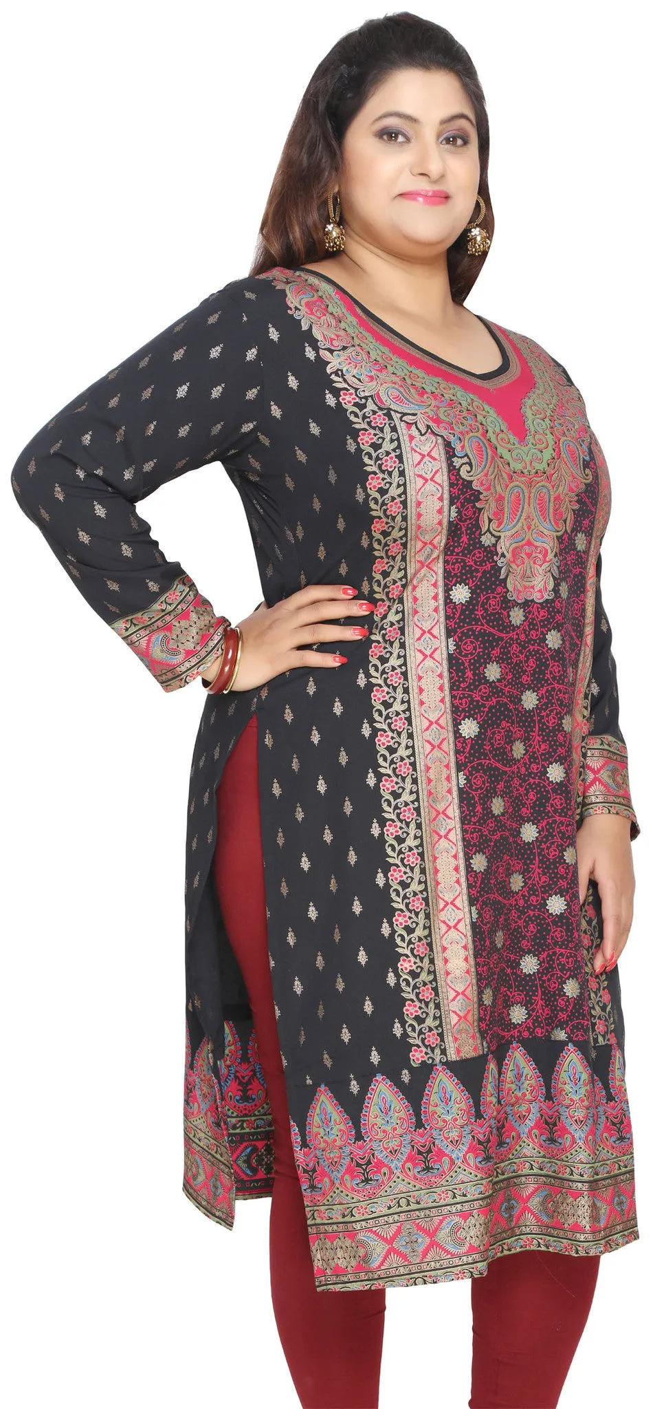 Womens Indian Tunics Kurti Long Plus Size Apparel (Black)