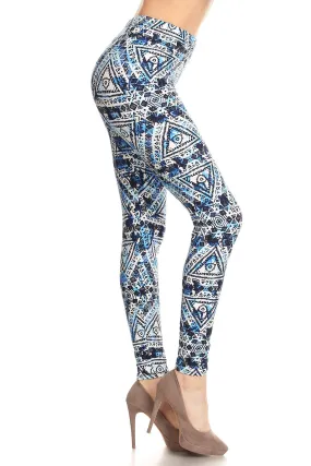 Women's Plus Blue Geo Tribal Indian Theme Printed Leggings