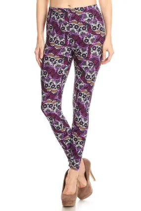 Women's Plus Purple Sugar Skull Ribbon Pattern Printed Leggings