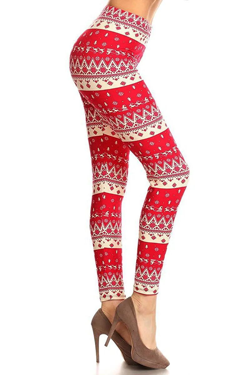 Women's Plus Santa Reindeer Snowflake Chevron Printed Leggings - Red White