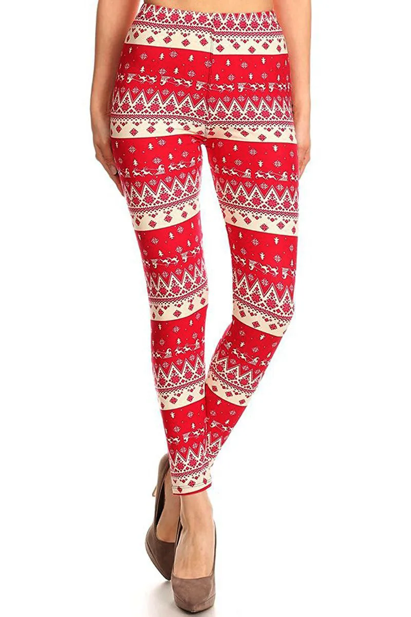 Women's Plus Santa Reindeer Snowflake Chevron Printed Leggings - Red White