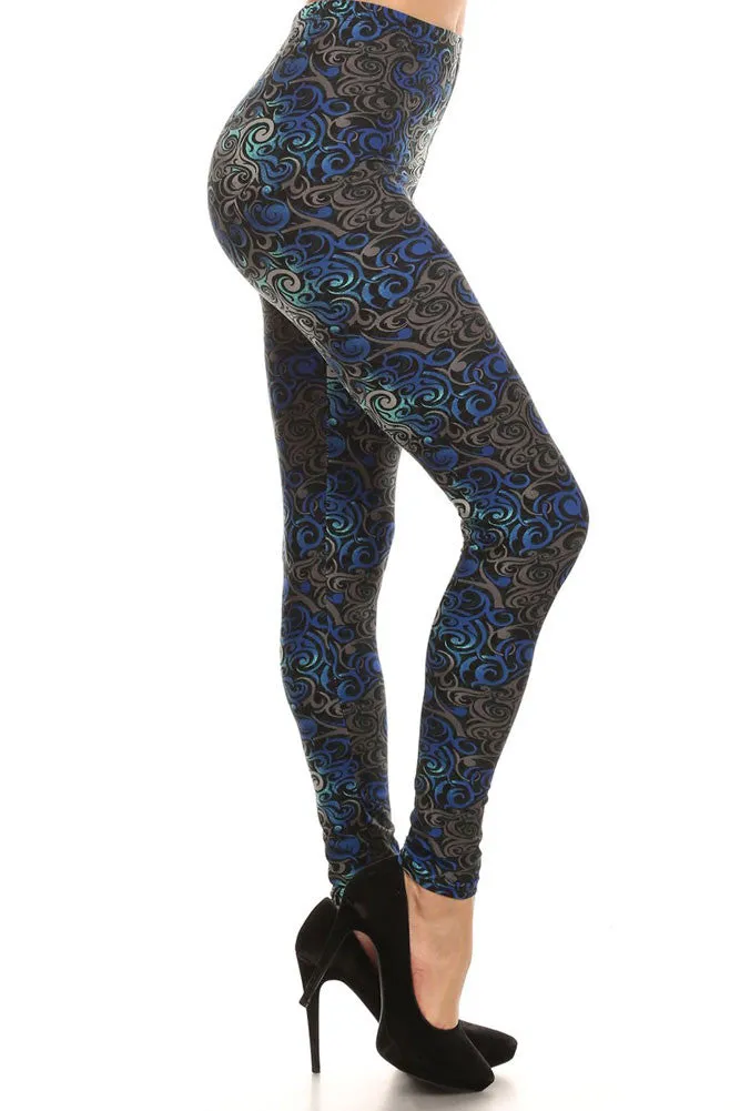 Women's Regular Mixed Ornate Curly Pattern Print Leggings - Black Blue