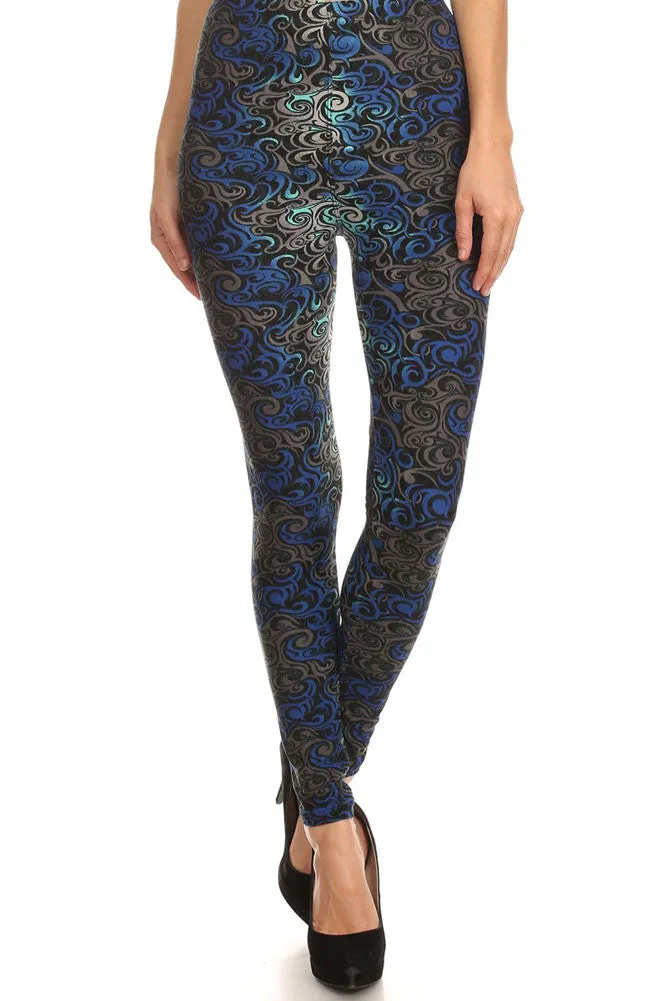 Women's Regular Mixed Ornate Curly Pattern Print Leggings - Black Blue