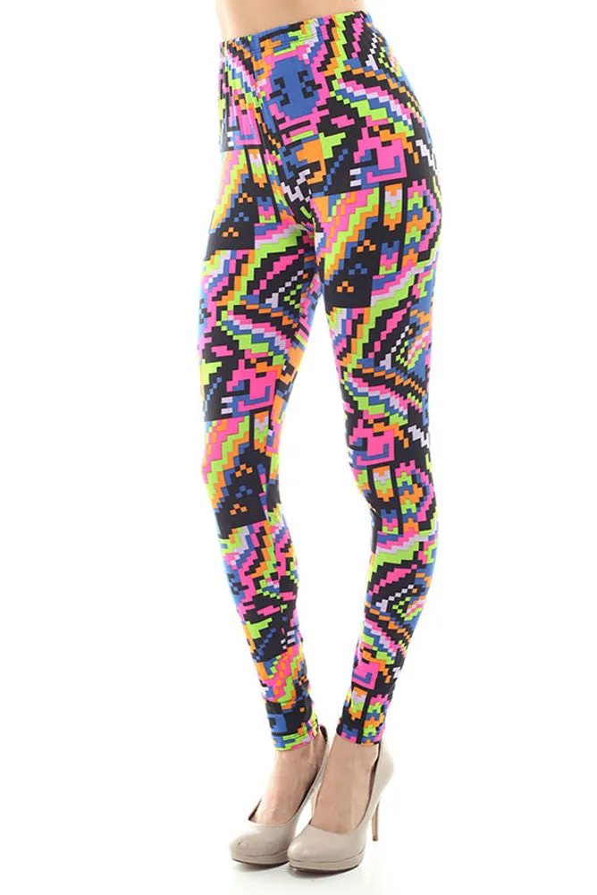 Women's Regular Multi Color Digital Print Leggings - Black Fuchsia Green