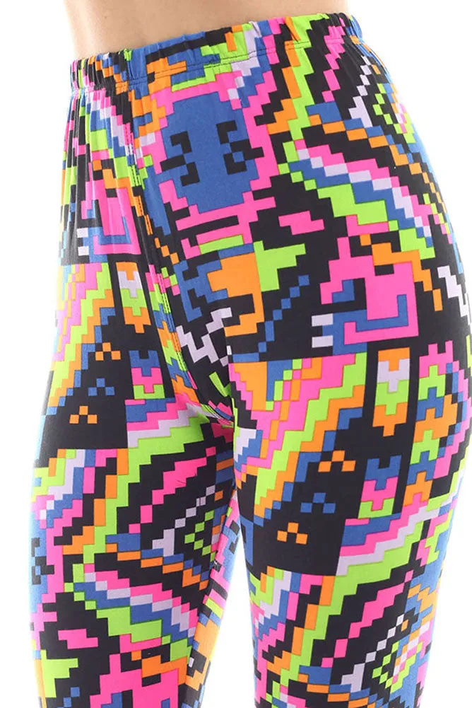 Women's Regular Multi Color Digital Print Leggings - Black Fuchsia Green