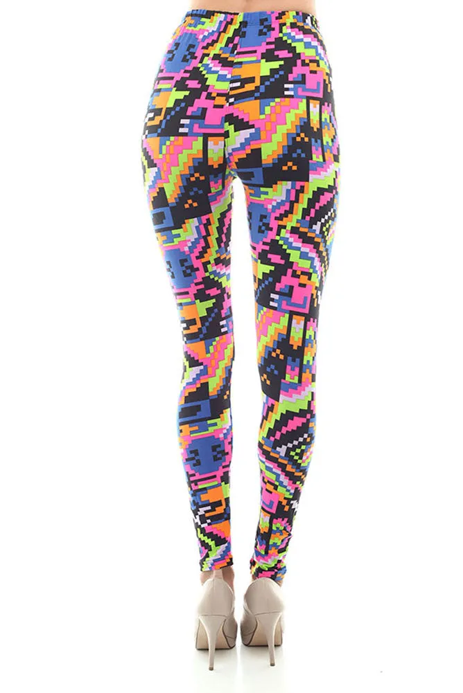 Women's Regular Multi Color Digital Print Leggings - Black Fuchsia Green