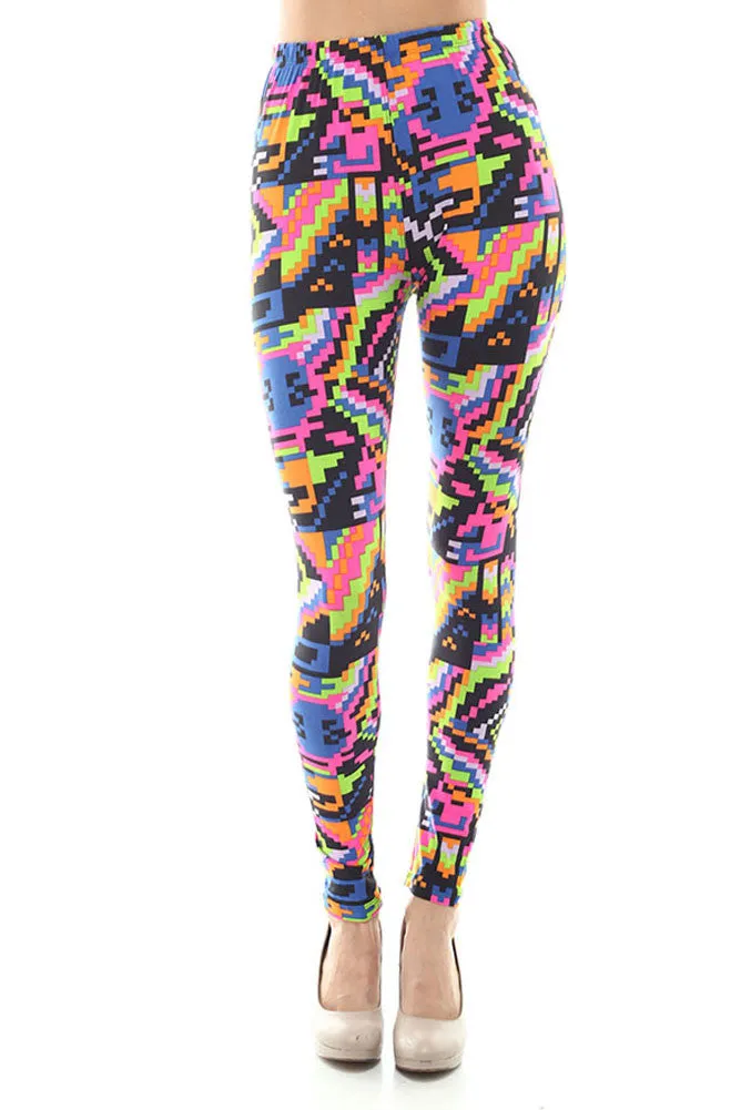 Women's Regular Multi Color Digital Print Leggings - Black Fuchsia Green