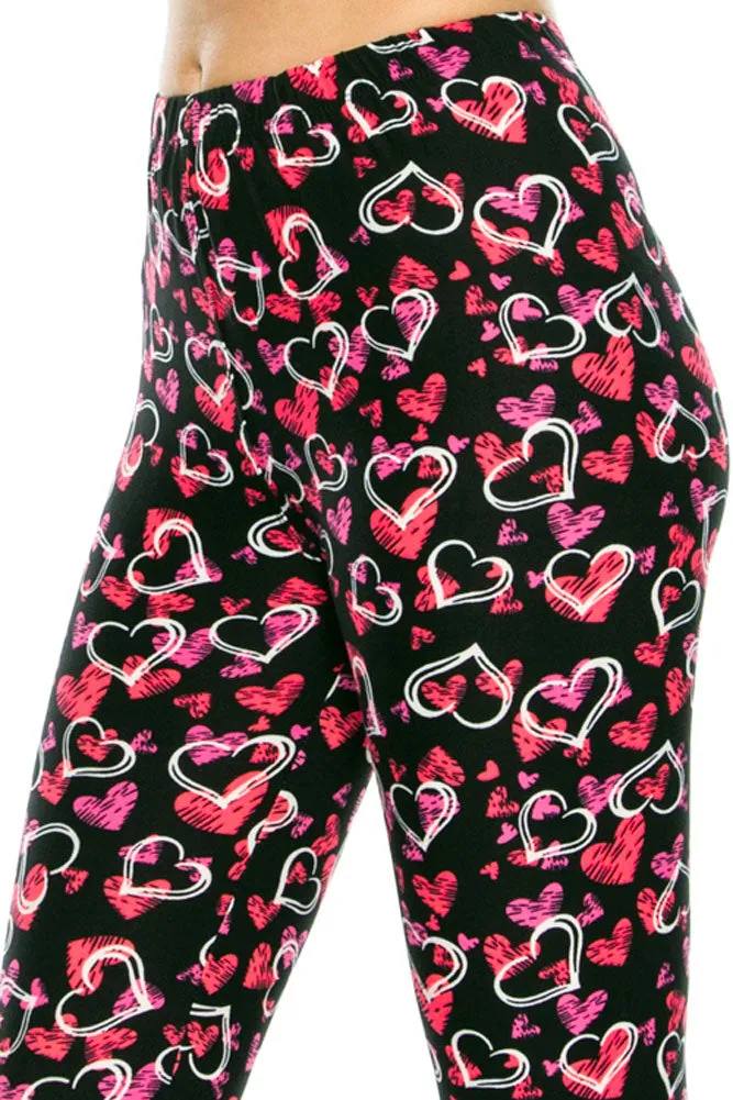 Women's Regular Outlined Hearts Pattern Printed Leggings - Black Pink