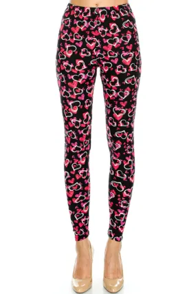 Women's Regular Outlined Hearts Pattern Printed Leggings - Black Pink