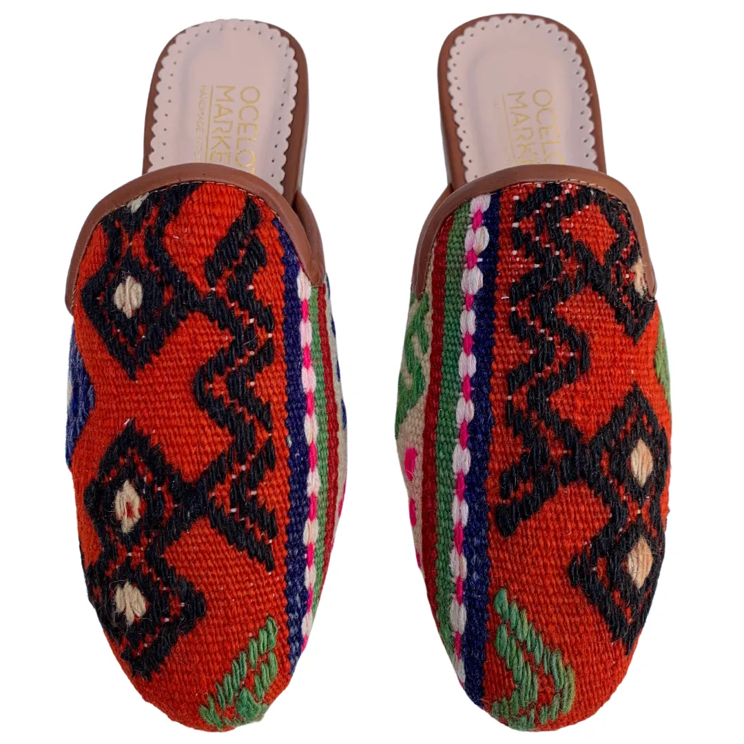 Women's Turkish Kilim Mules | Orange Pattern