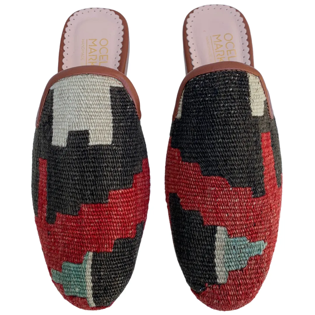 Women's Turkish Kilim Mules | Red & Black