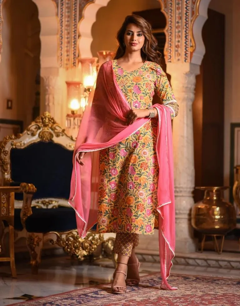 Yellow Printed Rayon Straight Kurta With Pant And Dupatta