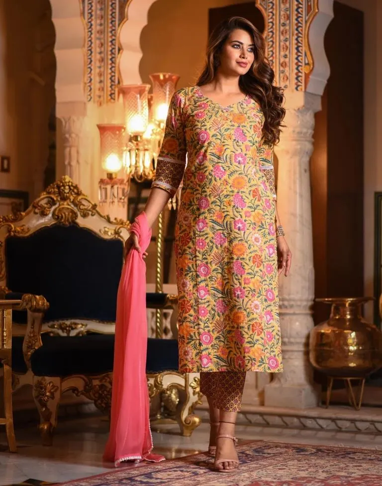 Yellow Printed Rayon Straight Kurta With Pant And Dupatta