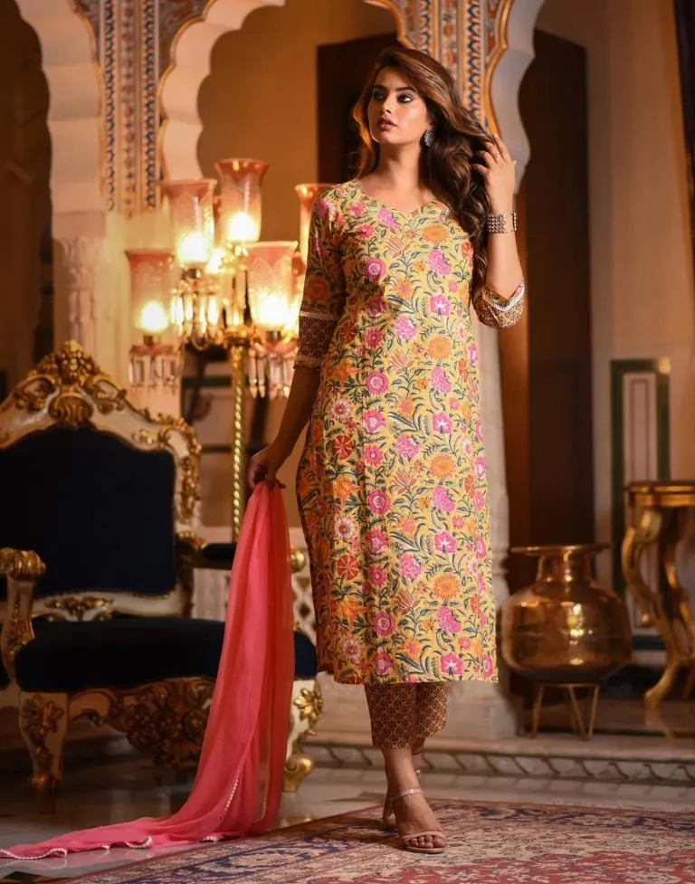 Yellow Printed Rayon Straight Kurta With Pant And Dupatta