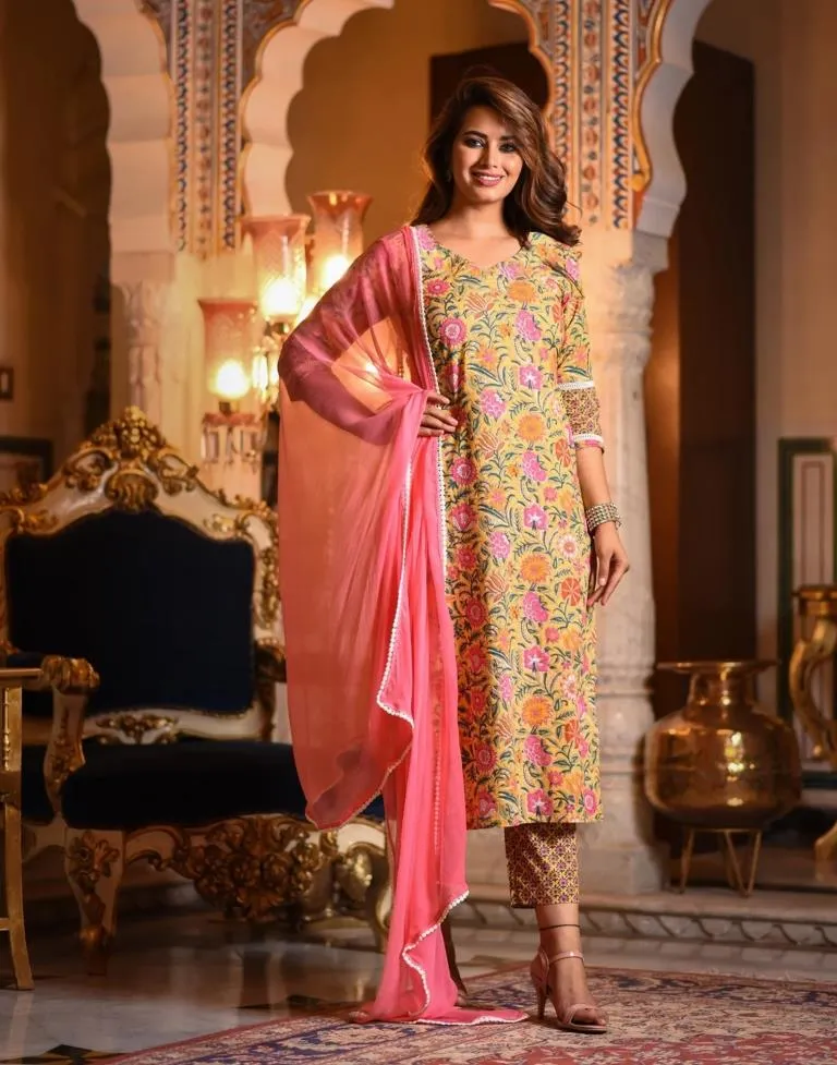 Yellow Printed Rayon Straight Kurta With Pant And Dupatta