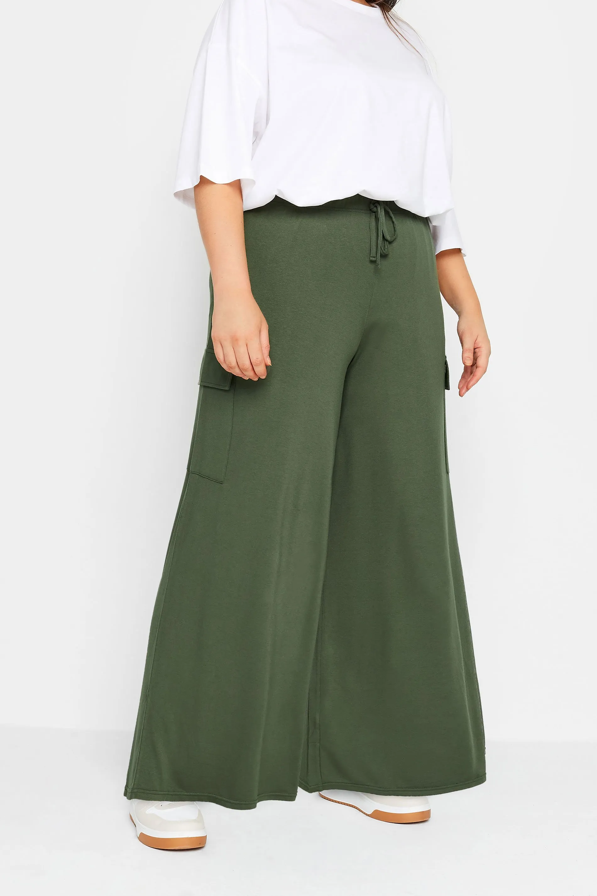 YOURS Curve Khaki Green Jersey Wide Leg Cargo Trousers