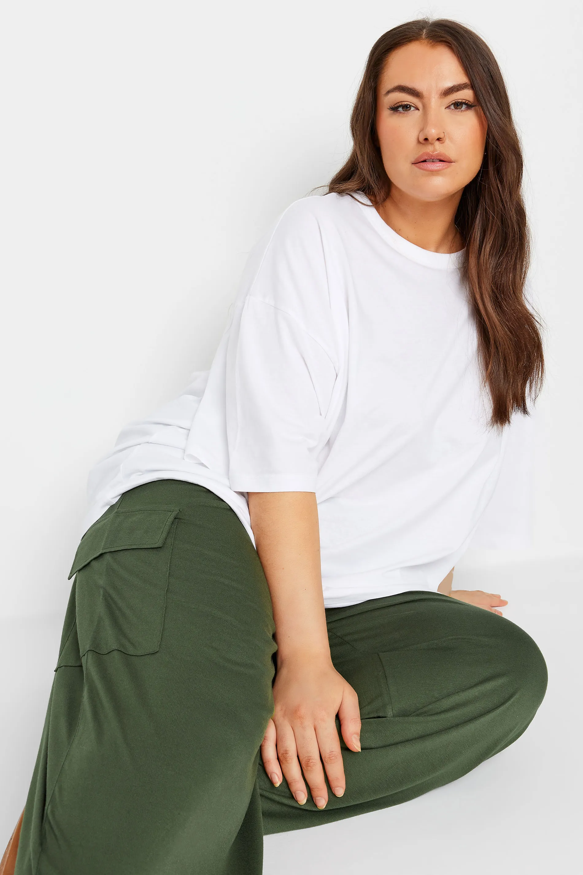 YOURS Curve Khaki Green Jersey Wide Leg Cargo Trousers