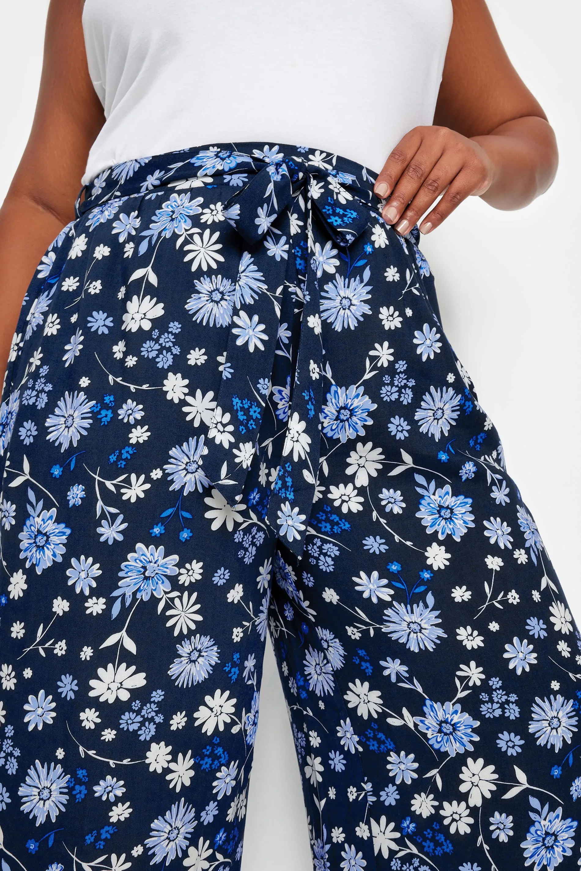 YOURS Curve Navy Blue Floral Print Wide Leg Trousers