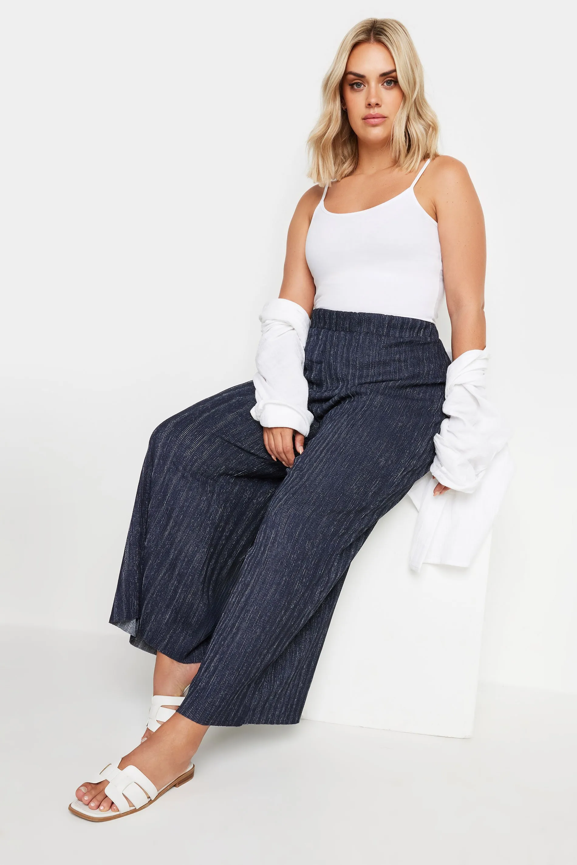 YOURS Curve Navy Blue Textured Wide Leg Trousers