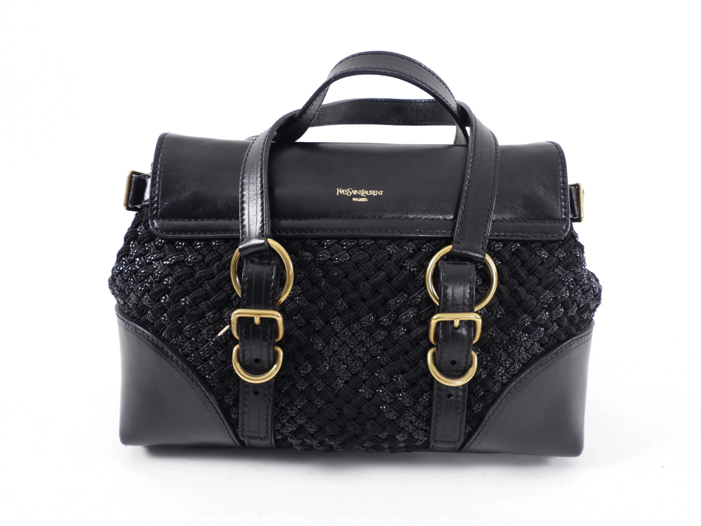 Yves Saint Laurent Black Small Maia Padlock Woven Bag